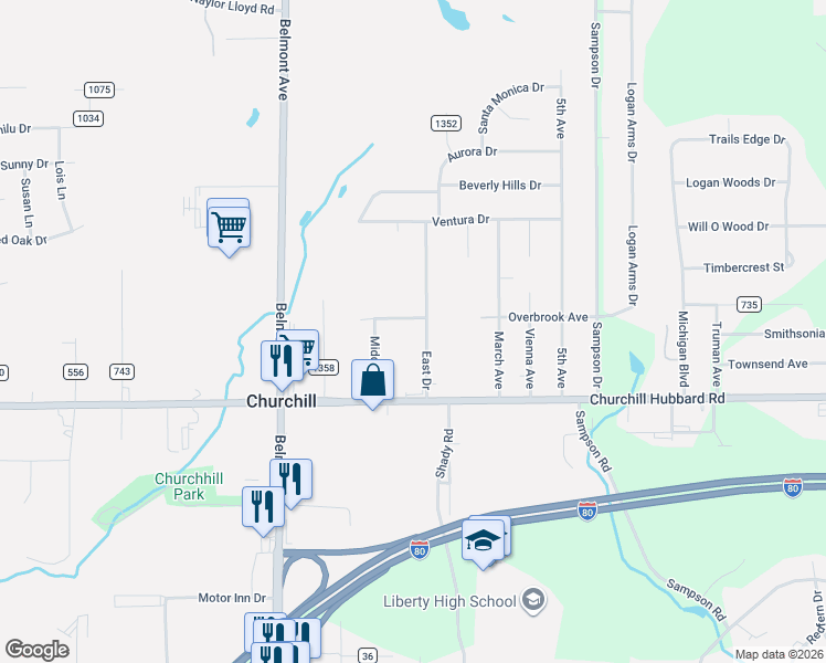 map of restaurants, bars, coffee shops, grocery stores, and more near 4576 East Drive in Youngstown