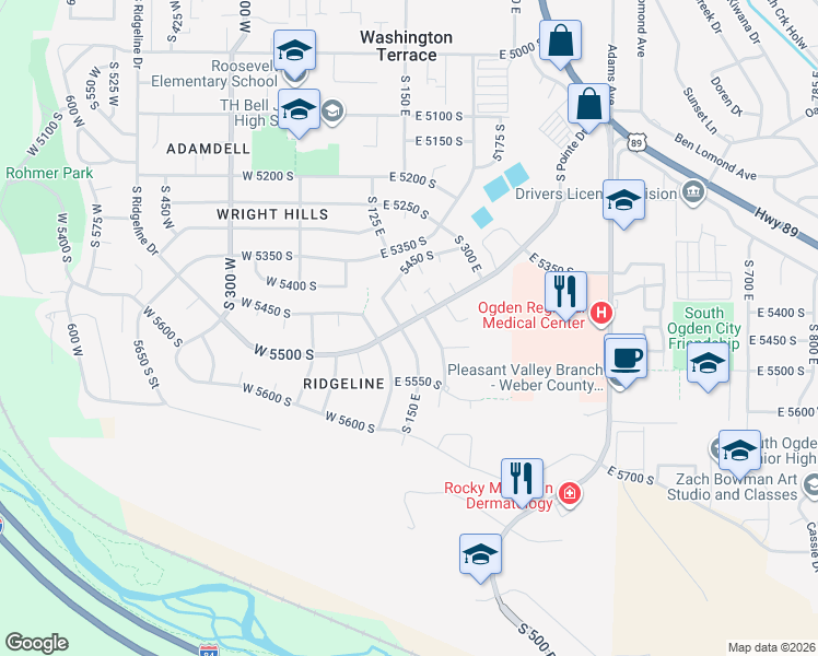 map of restaurants, bars, coffee shops, grocery stores, and more near 5500 South 150 East in Washington Terrace