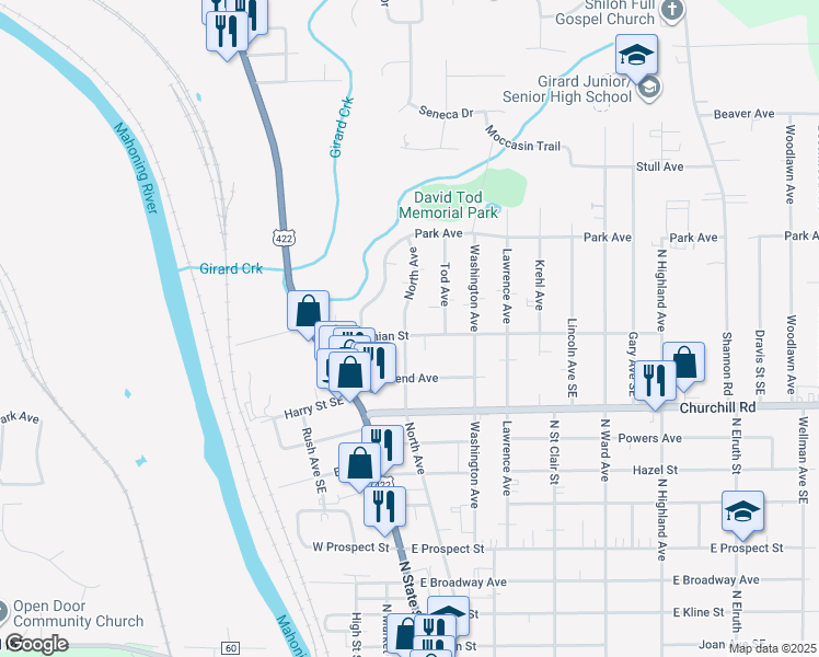 map of restaurants, bars, coffee shops, grocery stores, and more near 106 Smithsonian Street in Girard