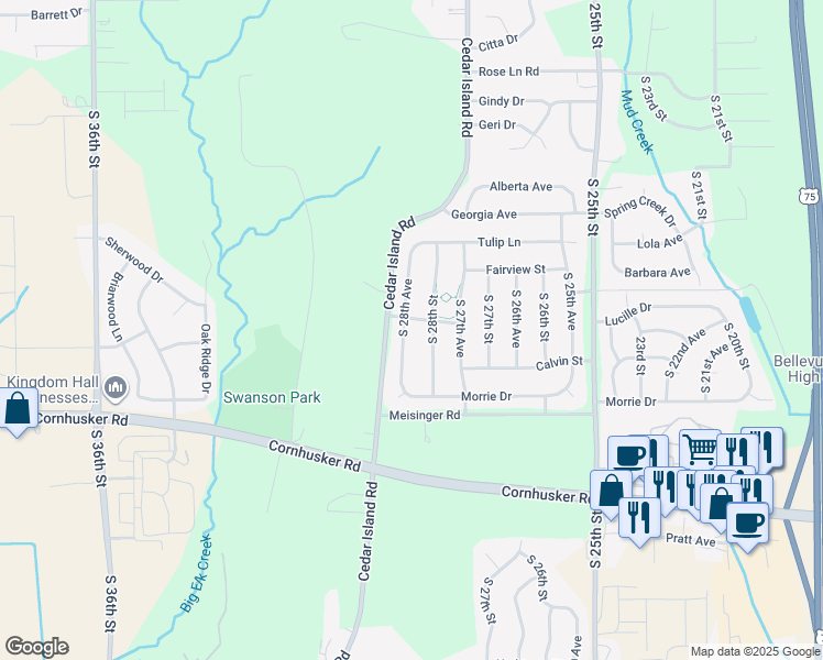 map of restaurants, bars, coffee shops, grocery stores, and more near 9603 South 28th Avenue in Bellevue