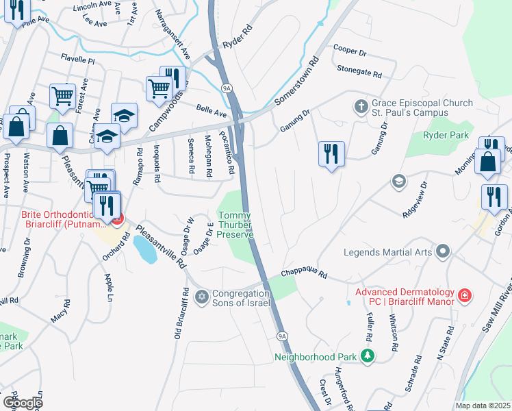 map of restaurants, bars, coffee shops, grocery stores, and more near 30 Donald Lane in Ossining