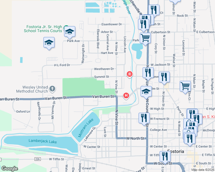 map of restaurants, bars, coffee shops, grocery stores, and more near 603 Alma Drive in Fostoria