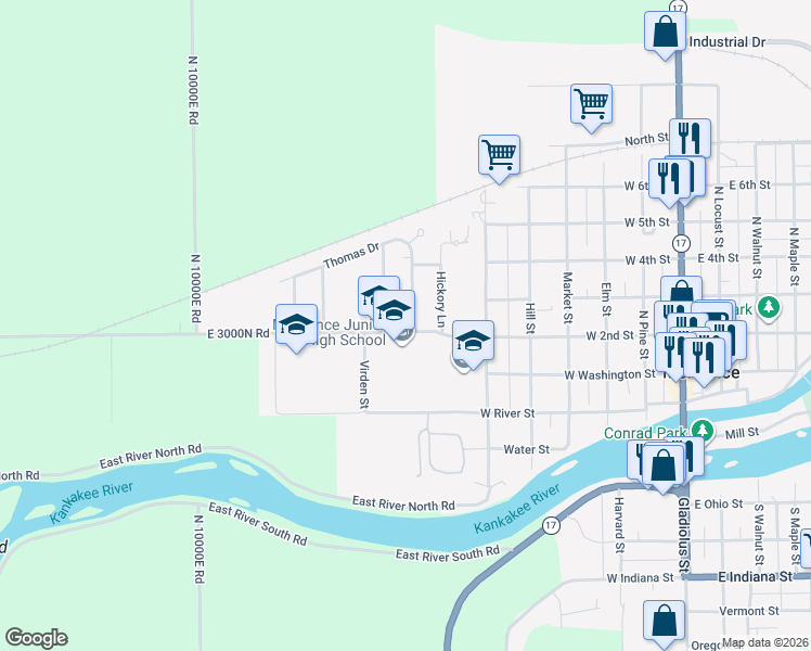 map of restaurants, bars, coffee shops, grocery stores, and more near 802 West 2nd Street in Momence
