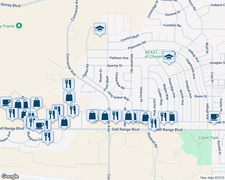 map of restaurants, bars, coffee shops, grocery stores, and more near 5001 Point Bluff in Cheyenne