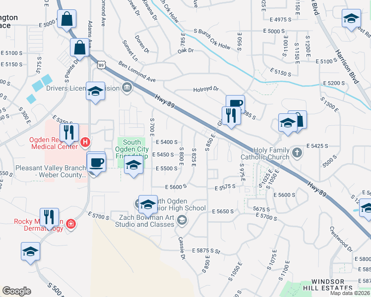 map of restaurants, bars, coffee shops, grocery stores, and more near 5432 South 800 East in Ogden
