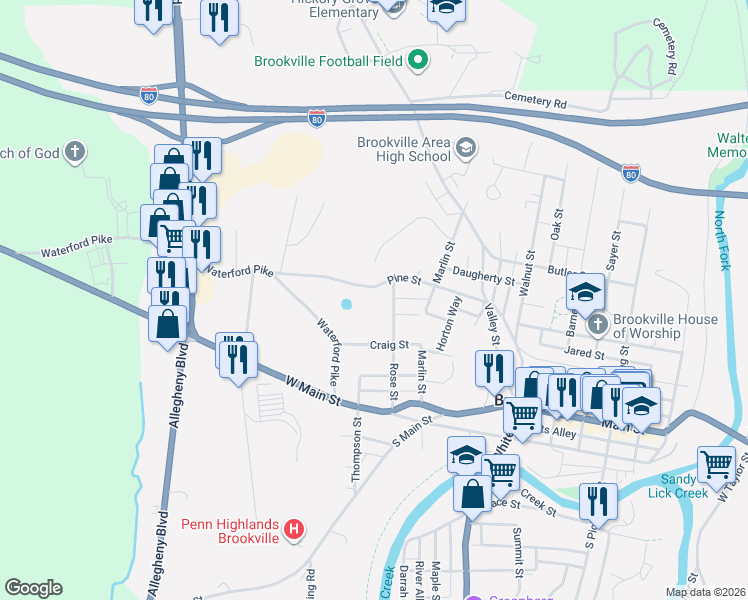 map of restaurants, bars, coffee shops, grocery stores, and more near 35 Rose Street in Brookville