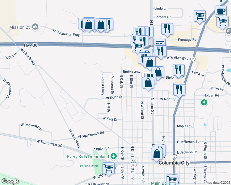 map of restaurants, bars, coffee shops, grocery stores, and more near South Pinehurst Court in Columbia City