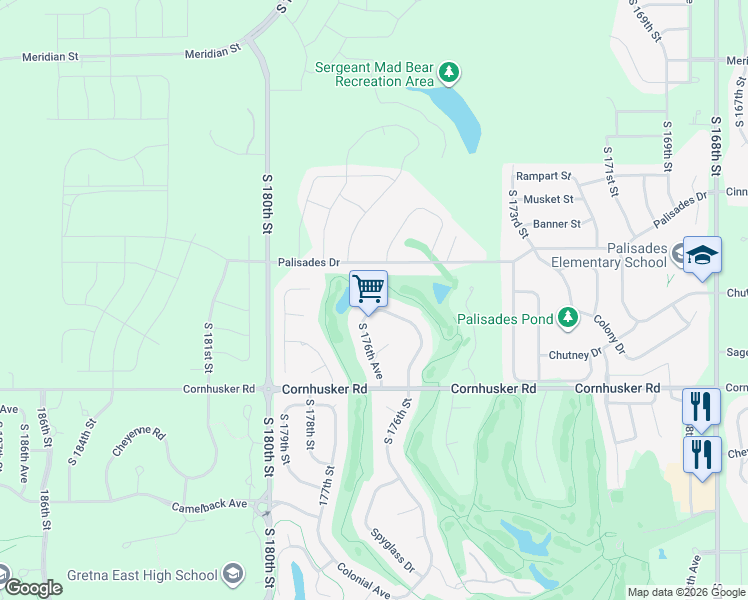 map of restaurants, bars, coffee shops, grocery stores, and more near 17632 Prestwick Avenue in Omaha