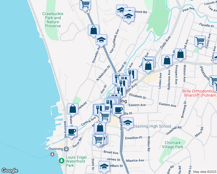 map of restaurants, bars, coffee shops, grocery stores, and more near 27 Aqueduct Street in Ossining