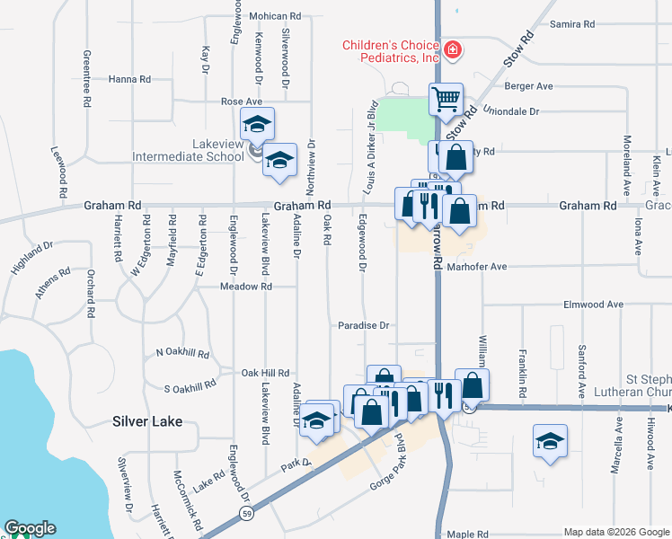 map of restaurants, bars, coffee shops, grocery stores, and more near 3599 Oak Rd in Stow
