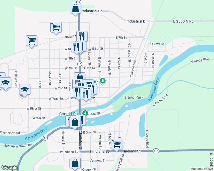 map of restaurants, bars, coffee shops, grocery stores, and more near 203 North Maple Street in Momence
