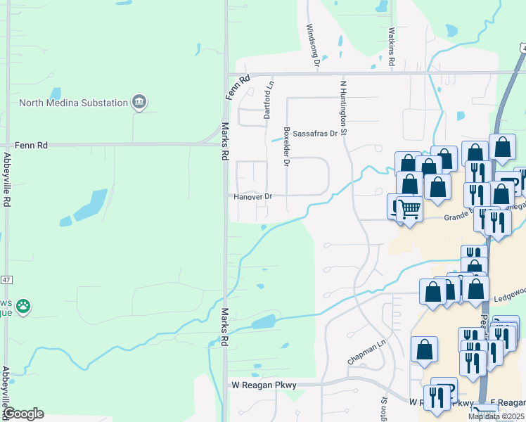 map of restaurants, bars, coffee shops, grocery stores, and more near 4038 Elizabeth Way in Medina