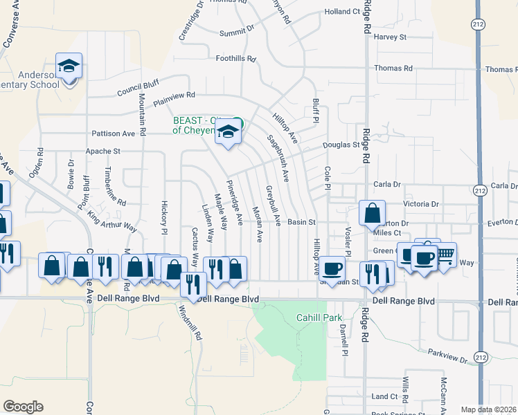 map of restaurants, bars, coffee shops, grocery stores, and more near 5021 Moran Avenue in Cheyenne