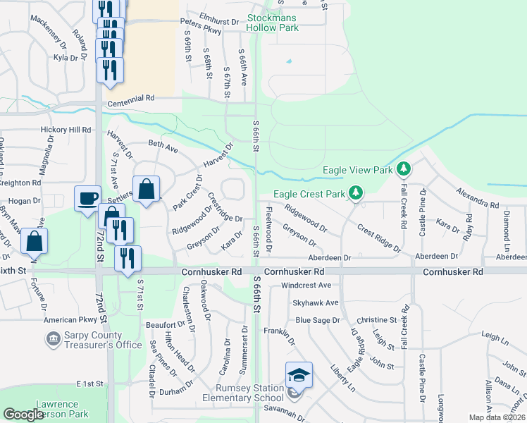 map of restaurants, bars, coffee shops, grocery stores, and more near 710 Fleetwood Drive in Papillion