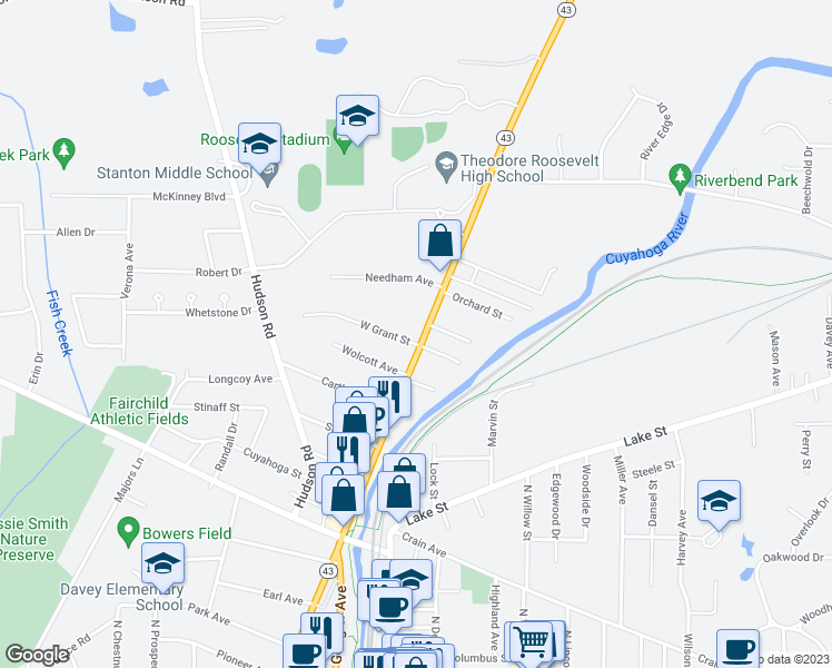 map of restaurants, bars, coffee shops, grocery stores, and more near 1206 North Mantua Street in Kent