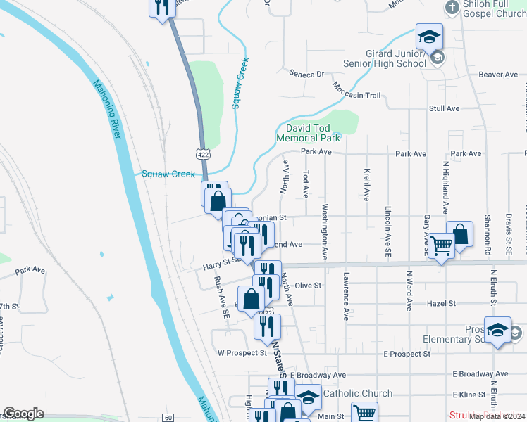 map of restaurants, bars, coffee shops, grocery stores, and more near 66 Smithsonian Street in Girard