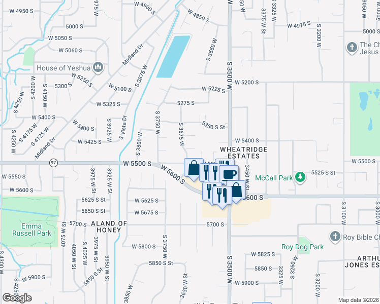 map of restaurants, bars, coffee shops, grocery stores, and more near 3637 5450 South Street in Roy