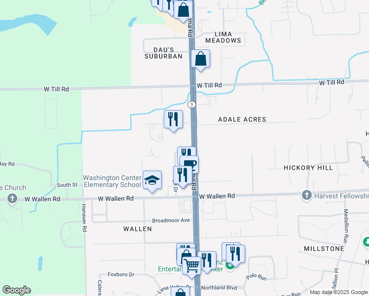 map of restaurants, bars, coffee shops, grocery stores, and more near 9105 Lima Road in Fort Wayne
