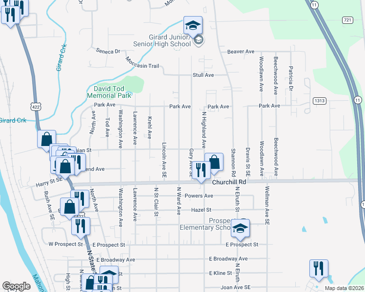 map of restaurants, bars, coffee shops, grocery stores, and more near 901 North Ward Avenue in Girard