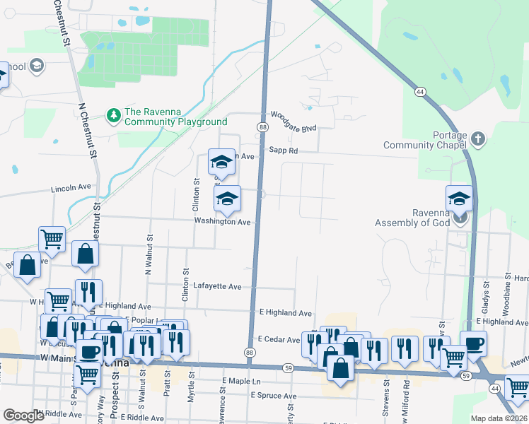 map of restaurants, bars, coffee shops, grocery stores, and more near 538 N Freedom St in Ravenna