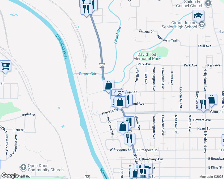 map of restaurants, bars, coffee shops, grocery stores, and more near 1011 North State Street in Girard