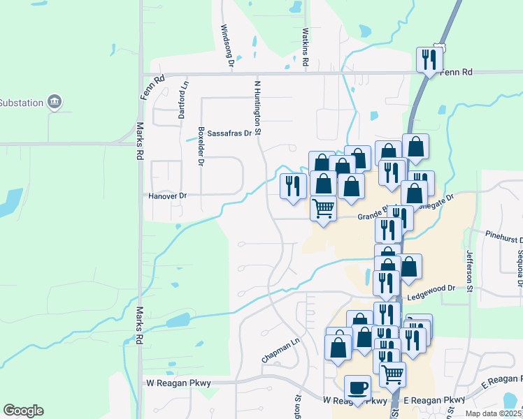 map of restaurants, bars, coffee shops, grocery stores, and more near 4042 North Huntington Street in Medina