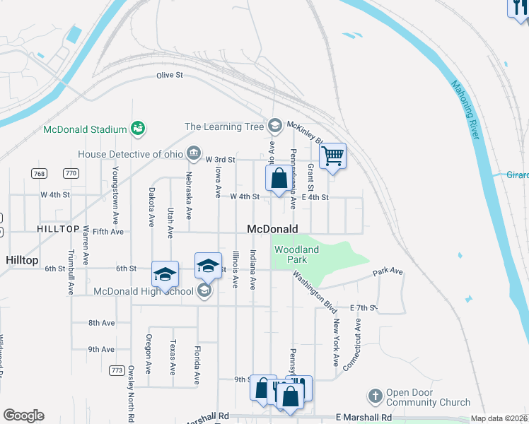 map of restaurants, bars, coffee shops, grocery stores, and more near 416 Ohio Avenue in McDonald