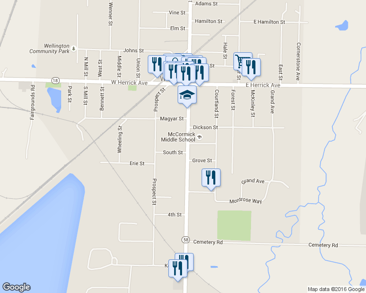 map of restaurants, bars, coffee shops, grocery stores, and more near 238 South Main Street in Wellington