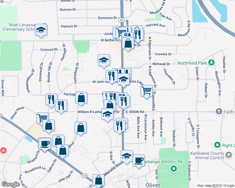 map of restaurants, bars, coffee shops, grocery stores, and more near in Bourbonnais