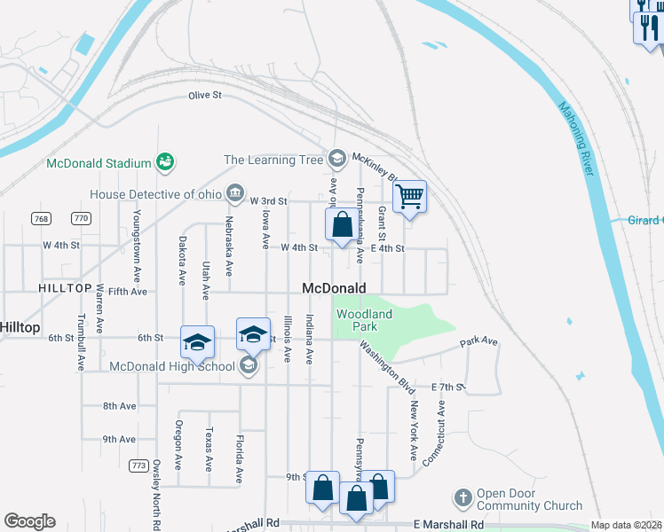 map of restaurants, bars, coffee shops, grocery stores, and more near 416 Ohio Avenue in McDonald