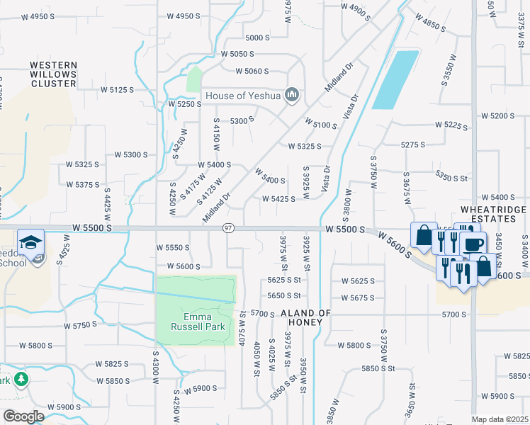 map of restaurants, bars, coffee shops, grocery stores, and more near 5462 4050 West Street in Roy
