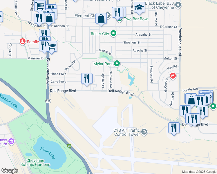 map of restaurants, bars, coffee shops, grocery stores, and more near 5011 Ogallala Place in Cheyenne