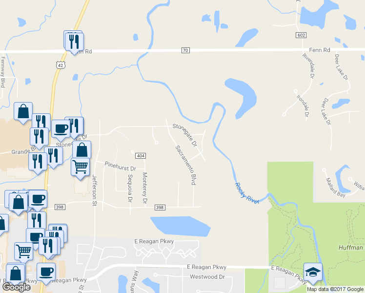 map of restaurants, bars, coffee shops, grocery stores, and more near 4059 Sacramento Boulevard in Medina