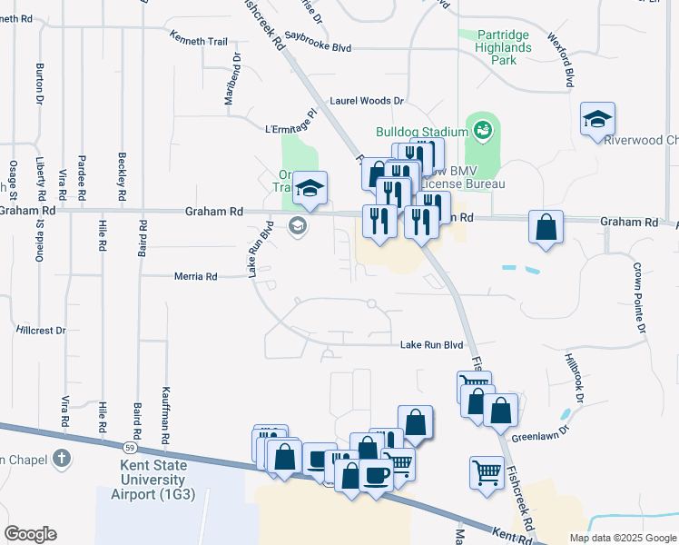 map of restaurants, bars, coffee shops, grocery stores, and more near 3988 Villas Drive in Stow