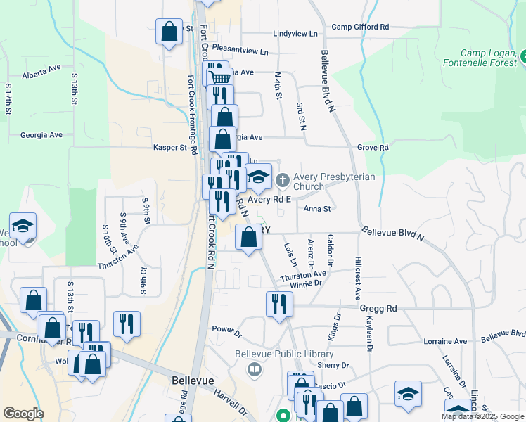 map of restaurants, bars, coffee shops, grocery stores, and more near 2107 Avery Road East in Bellevue