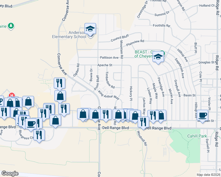 map of restaurants, bars, coffee shops, grocery stores, and more near 5061 Timberline Road in Cheyenne