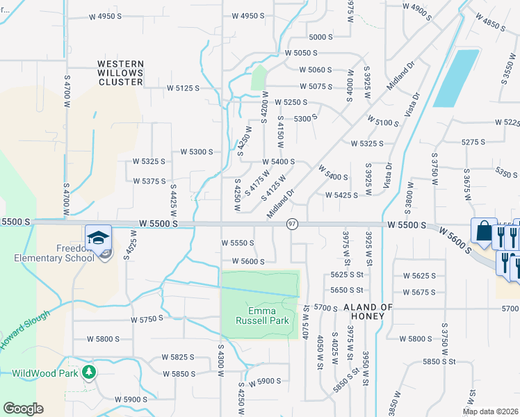 map of restaurants, bars, coffee shops, grocery stores, and more near 5460 South 4125 West in Roy