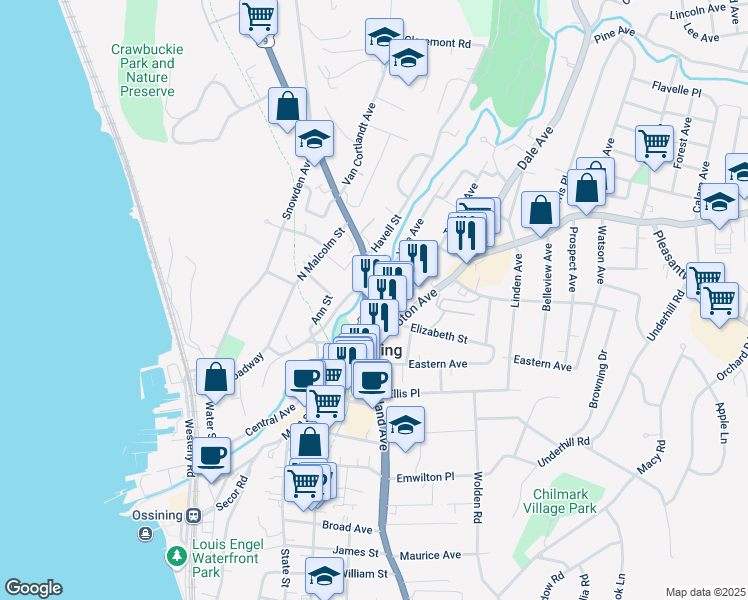 map of restaurants, bars, coffee shops, grocery stores, and more near 58 North Highland Avenue in Ossining