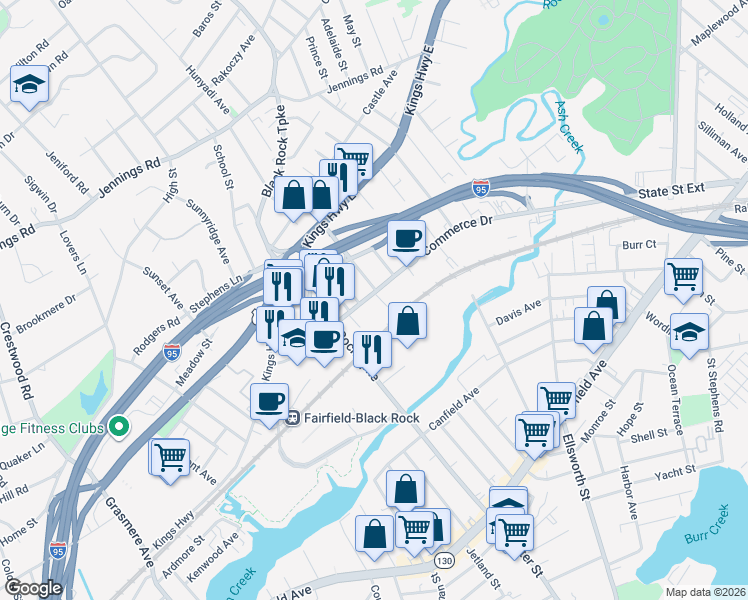 map of restaurants, bars, coffee shops, grocery stores, and more near 511 Commerce Drive in Fairfield