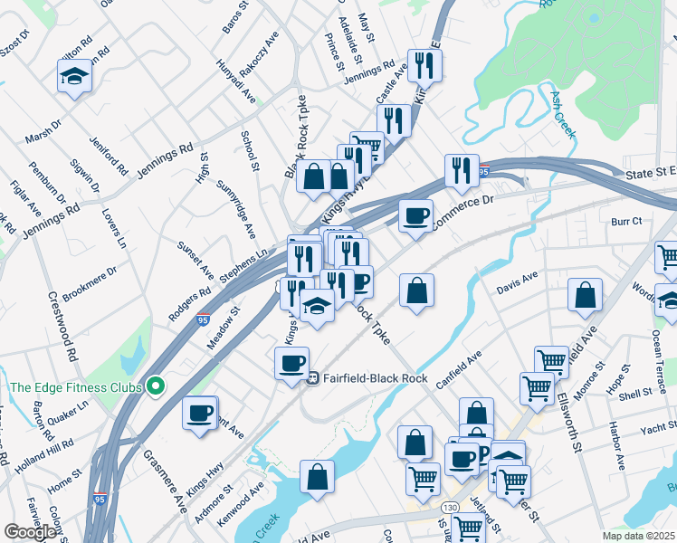 map of restaurants, bars, coffee shops, grocery stores, and more near 33 Duka Avenue in Fairfield