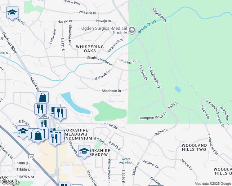 map of restaurants, bars, coffee shops, grocery stores, and more near 1843 Shoshone Drive in Ogden
