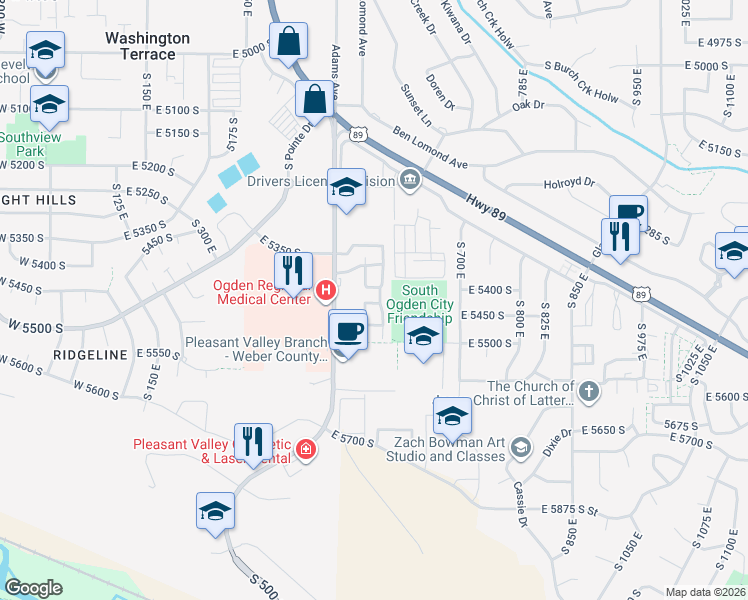map of restaurants, bars, coffee shops, grocery stores, and more near 5492 South 500 East in Washington Terrace