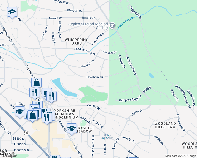 map of restaurants, bars, coffee shops, grocery stores, and more near 1843 Shoshone Drive in Ogden