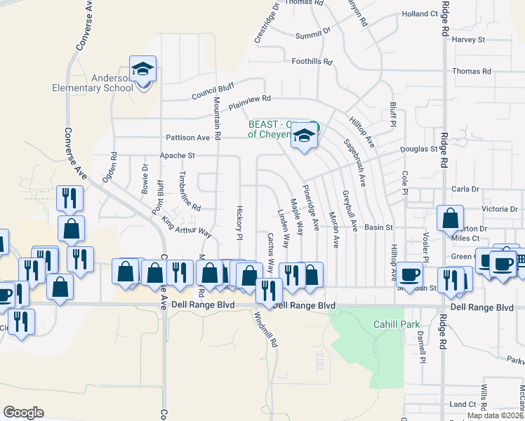 map of restaurants, bars, coffee shops, grocery stores, and more near 5031 Windmill Road in Cheyenne