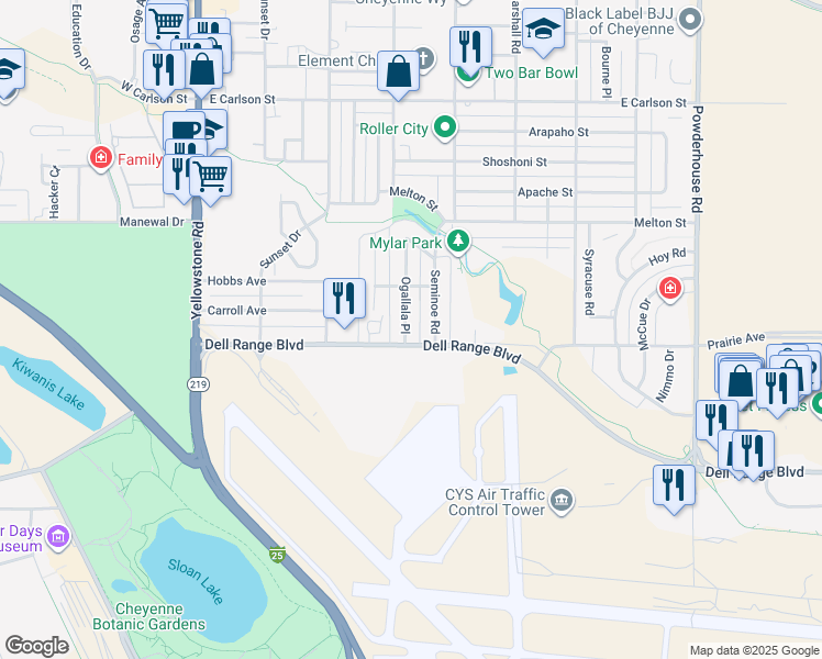 map of restaurants, bars, coffee shops, grocery stores, and more near 5011 Ogallala Place in Cheyenne