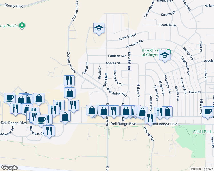 map of restaurants, bars, coffee shops, grocery stores, and more near 5001 Point Bluff in Cheyenne