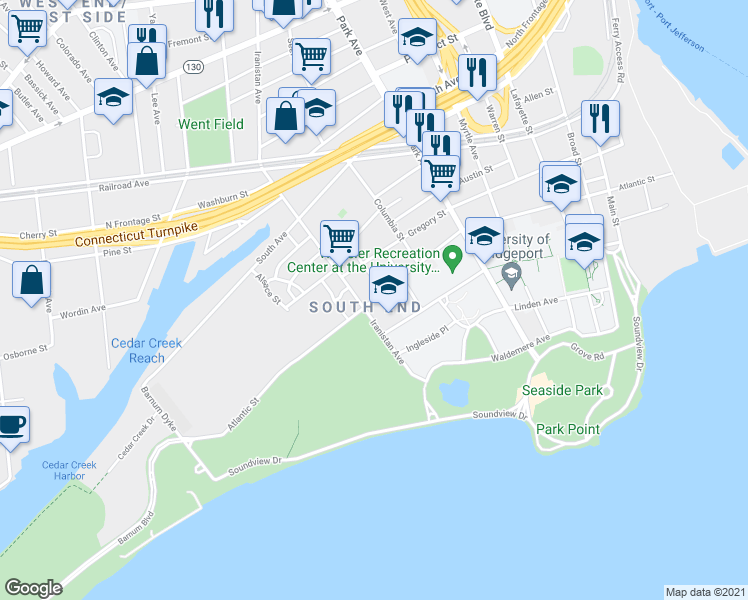 map of restaurants, bars, coffee shops, grocery stores, and more near 160 Iranistan Avenue in Bridgeport