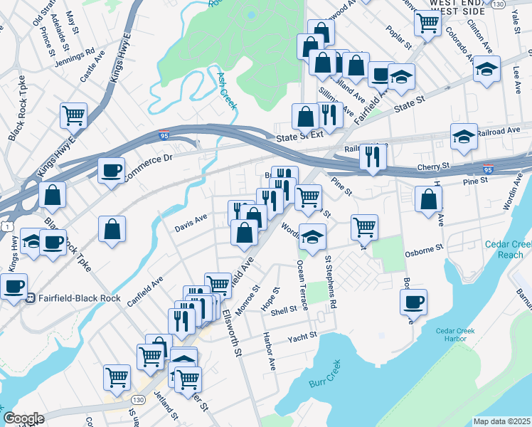 map of restaurants, bars, coffee shops, grocery stores, and more near 58 Whittier Street in Bridgeport