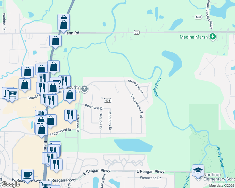 map of restaurants, bars, coffee shops, grocery stores, and more near 4047 Alameda Court in Medina