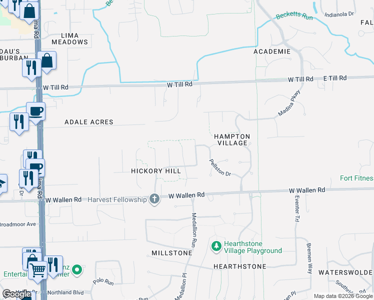map of restaurants, bars, coffee shops, grocery stores, and more near 9023 Stoneridge Ct in Fort Wayne